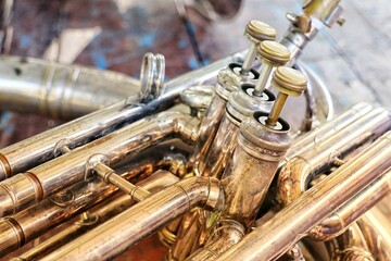 Old trumpet instrument Vintage jazz musical instrument background