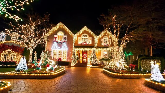 A beautiful house illuminated with festive Christmas lights and decorations, creating a magical holiday atmosphere at night.