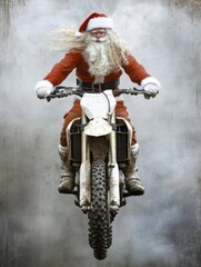 Fototapeta premium Santa Claus Riding a Dirt Bike Over Rough Terrain