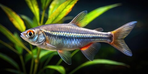 Silver rasboras shimmer in the soft glow, a captivating underwater photo opportunity.
