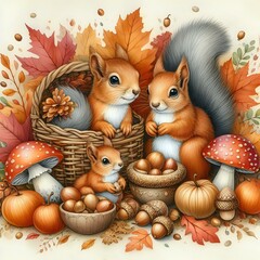 Fototapeta premium Autumn Squirrel Family Gathering