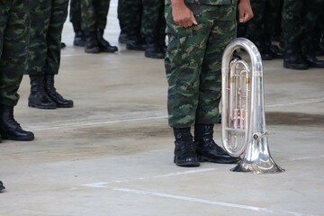 Male musician Holding a euphonium instrument Outdoor Playing music