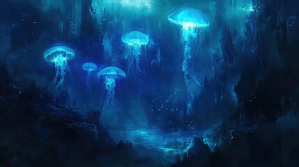 Ethereal Underwater Scene with Glowing Jellyfish