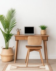 Cozy home office featuring elegant wooden furniture and a bright, inspiring workspace ambiance.