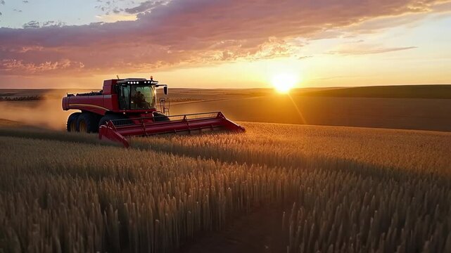 A red combine harvester moves through a field of wheat at sunset
