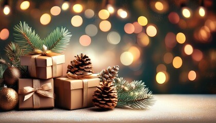christmas and new year background - gift boxes and pine cones and branches on the background of bokeh garlands