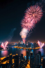 Spectacular Fireworks Display Over City Skyline At Night
