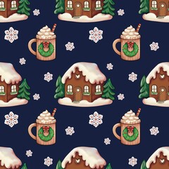 Seamless winter holiday pattern featuring charming gingerbread houses and cozy mugs of hot cocoa.Ideal for creating gift wrap, textiles, seasonal stationery, or digital backgrounds