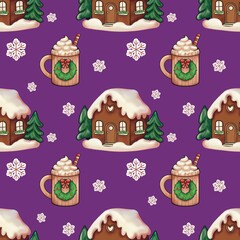 Seamless winter holiday pattern featuring charming gingerbread houses and cozy mugs of hot cocoa.Ideal for creating gift wrap, textiles, seasonal stationery, or digital backgrounds