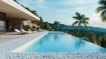 A luxurious villa pool garden with a sleek infinity pool overlooking a rolling landscape, lined with palm trees, white pebbles, and minimalist lounge chairs