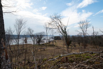 The germanic shrine of Pinzano al Tagliamento in Friuli Venezia Giulia in a foggy morning of winter seen through tree branches fell on dry soil
