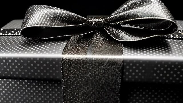 A black gift box with a polka dot pattern and a large black bow sits on a table