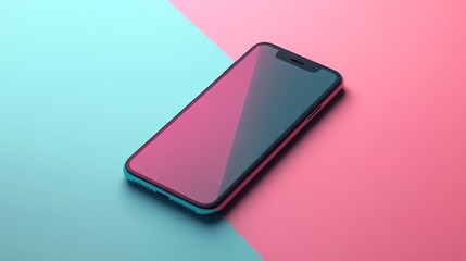 A blue smartphone with a blank screen on a pink background.