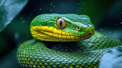 Fototapeta premium Close-up of a vibrant green snake among leaves.