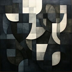 Abstract geometric composition in black and white with varied shapes.