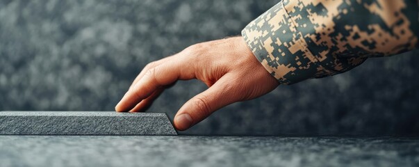 Close-up of a retired soldier s hand touching a memorial plaque, symbolizing enduring loyalty despite loss, detailed textures, soft focus, emotional and reflective scene