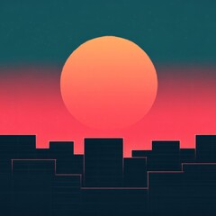 Fototapeta premium A stylized sunset over a city skyline, blending warm colors with silhouettes.