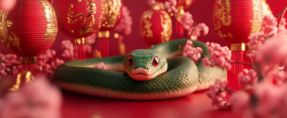 Fototapeta premium A vibrant green snake resting among red lanterns and cherry blossoms during a festive celebration