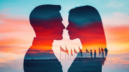 Veterans Affairs ceremony with tribute banners, honoring fallen soldiers, close up, bright contrasting tones, Double exposure silhouette with flags at half-mast