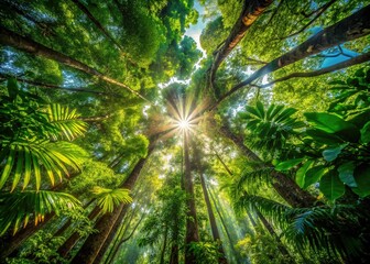 Obraz premium Sunlight filtering through the lush Amazon rainforest canopy, creating a vibrant masterpiece.