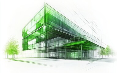 Obraz premium Design a sophisticated sketch of an eco-friendly structure featuring green glass walls, rendered as an architectural drawing on a white backdrop. 