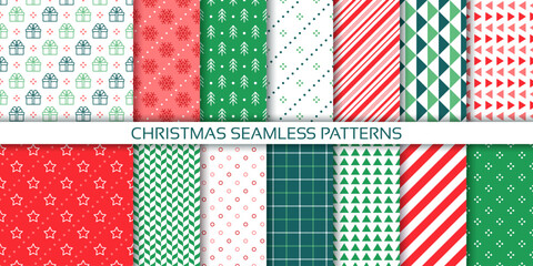 Christmas pattern. Seamless prints. red green background. Set textures with candy cane stripe, gift box, snowflake, tree, check. Xmas wrapping paper. Collection geometric backdrop. Vector illustration