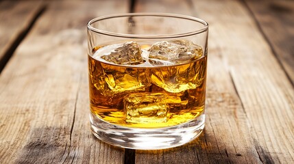 Glass of whiskey with ice cubes on wooden table.