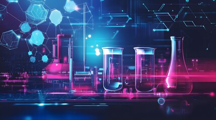 Glass beakers and flasks with colored liquid in futuristic neon light setting.