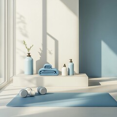 A modern home workout corner with a yoga mat light