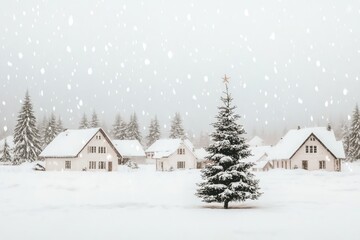 Charming Snow-Covered Village with Christmas Tree for Winter Holiday Scenes