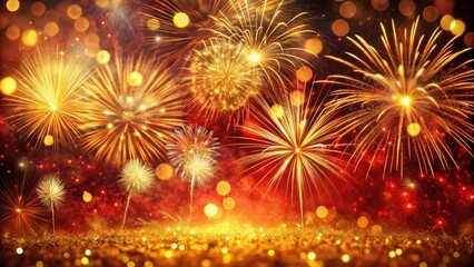 Festive New Year's Eve Greeting Card Design with Aerial Photography of Golden Fireworks and Bokeh Lights on a Rich Red Background Texture for Celebratory Occasions