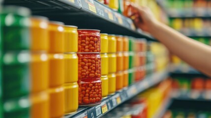 Fototapeta premium Consumer Browsing Variety of Canned Goods on Supermarket Shelves with Depth of Field Effect Highlighting the Selection on Display