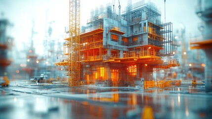 A large offshore oil rig with a crane and lights, set against a hazy sky.