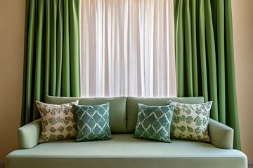 Green sofa with matching curtains and cushions in a modern living room, creating a relaxing atmosphere