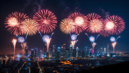 Obraz premium Spectacular Fireworks Display Over City Skyline At Night 