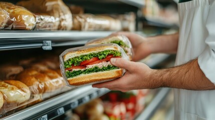 A consumer reaching out to pick up a pre made sandwich from a refrigerated convenience shelf inside a grocery store with a deep depth of field blurring the background