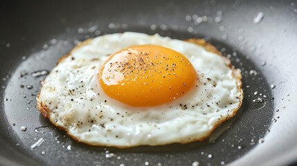 A perfectly cooked fried egg in a black pan.