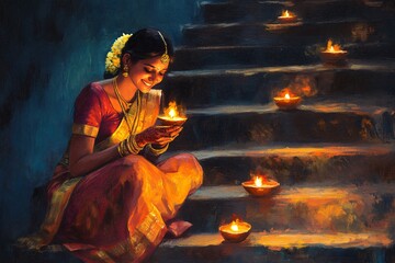 Indian Woman Holding Diya Oil Lamp on Steps