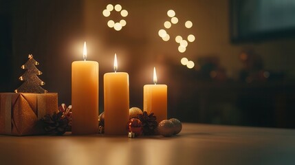 Christmas Candles  Ornaments  and Gift Box on Table