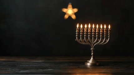Menorah With Lit Candles On Black Wooden Background For Hanukkah Celebration