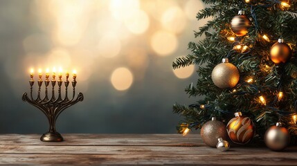 Menorah and Christmas Tree with Lights on Rustic Wooden Table