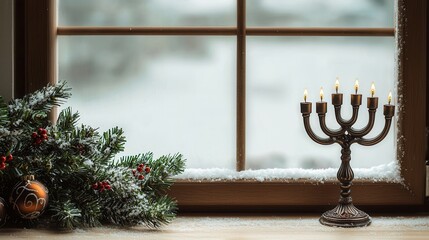 Winter Windowsill with Menorah and Christmas Decorations
