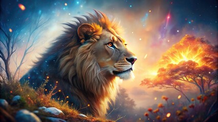 Naklejka premium Majestic Digital Lion Profile with Glowing Abstract Elements in a Vibrant Landscape, Capturing the Essence of Nature's Beauty and Artistic Imagination in a Stunning Visual Experience