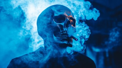 Dark portrait of a skullfaced man smoking cigarette. eerie, gothic, and macabre artwork.
