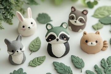 Naklejka premium Cute animal figurines arranged among green leaves on a white surface, showcasing playful designs for decor or gifts