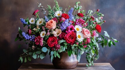 A beautifully arranged bouquet featuring vibrant roses, delicate daisies