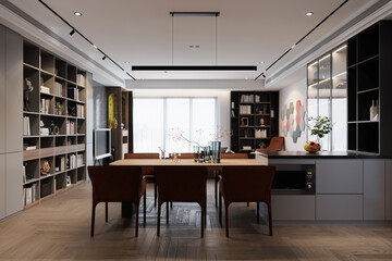 A large wall wooden bookshelf next to the Dining Area, Coffee color chairs in dining space