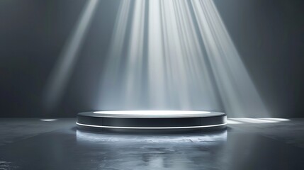 Elegant futuristic setup featuring a circular podium with spotlight beams creating a dramatic ambiance.