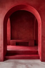 Red arched doorway with a bench and steps in a minimalist room.