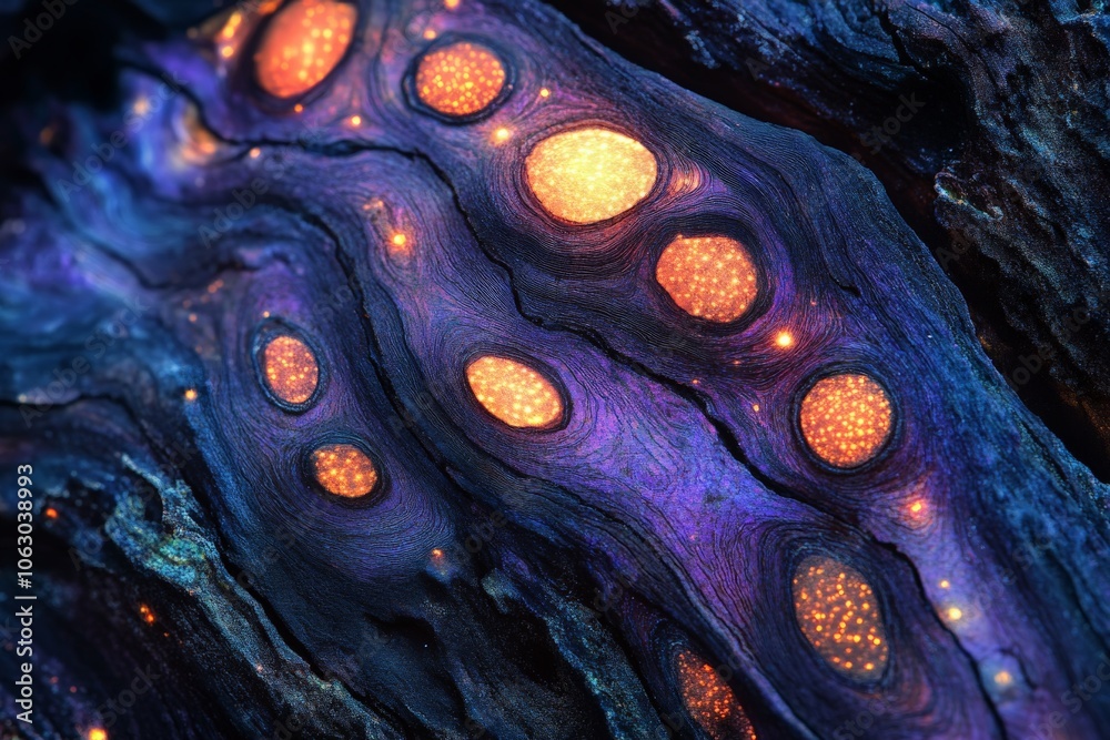 Aufkleber Vivid electric abstract patterns with striking orange ovals and luminescent details create a dynamic and energetic atmosphere, resembling a digital landscape of lights.